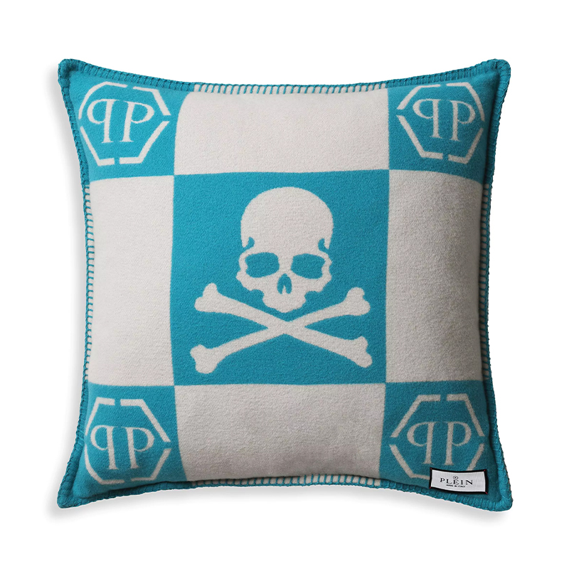 Подушка Philipp Plein Cushion Cashmere Skull 45 x 45 Голубой Белый в Ижевске | Loft Concept 