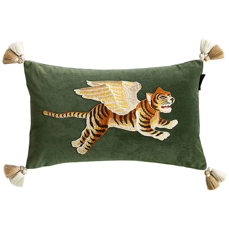 Декоративная подушка с вышивкой Стиль Gucci Winged Tiger Cushion Зеленый Оранжевый Золотой в Ижевске | Loft Concept 