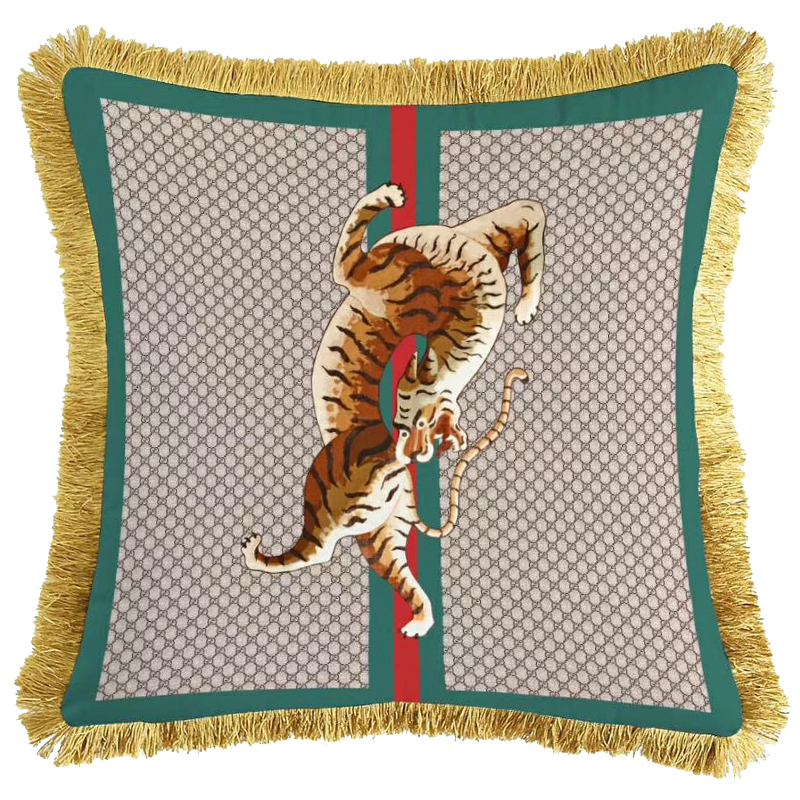 Декоративная подушка Cтиль Gucci Tiger Серый Зеленый Оранжевый Золотой в Ижевске | Loft Concept 