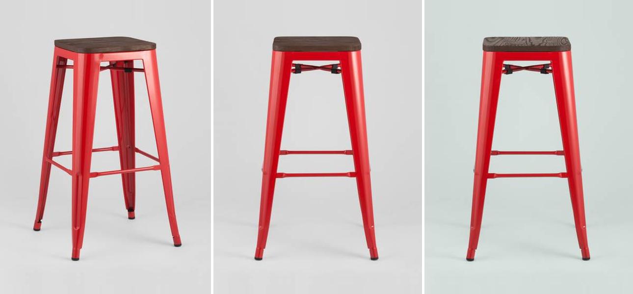 Барный Стул без Спинки Красный Металл  Деревянное Сидение - фото
