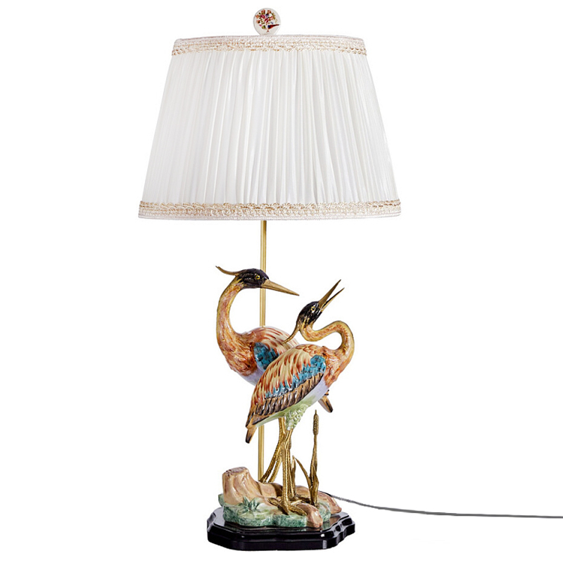 Настольная лампа с абажуром и основанием в виде двух цапель Porcelain Heron Lamp Белый Мульти Бронза в Ижевске | Loft Concept 