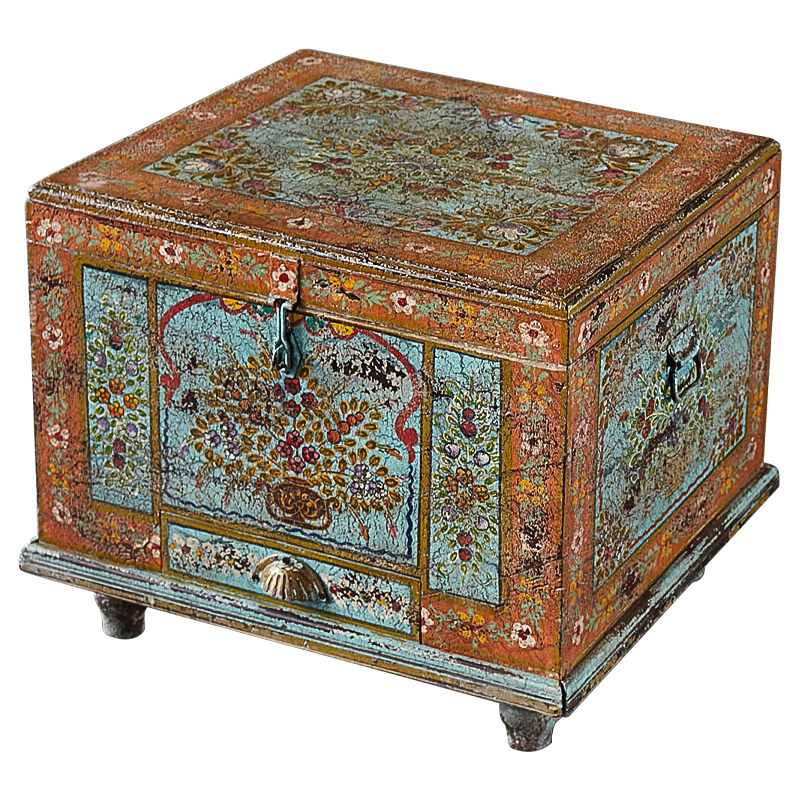 Сундук ручная роспись Harsh Antique Indian Painted Chest Мульти Бирюзовый Оранжевый в Ижевске | Loft Concept 