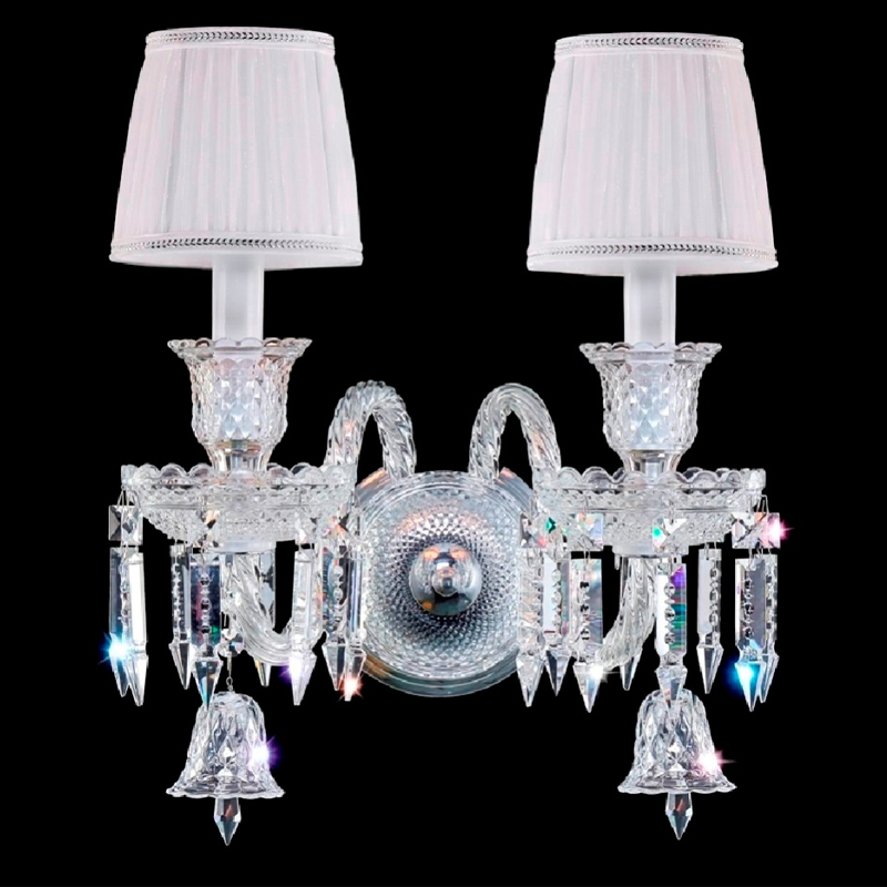 Бра с двумя белыми текстильными абажурами и хрустальными подвесками Lustre Reverie Хром Прозрачное Стекло Белый Бра с двумя белыми текстильными абажурами и хрустальными подвесками Lustre Reverie Хром Прозрачное Стекло Белый в Ижевске | Loft Concept