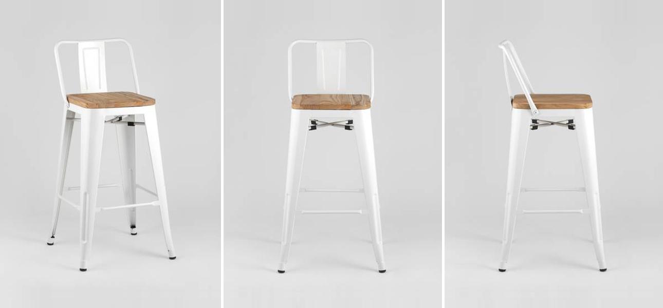 Барный Стул Tolix Белый Глянцевый Металл Деревянное Сидение - фото