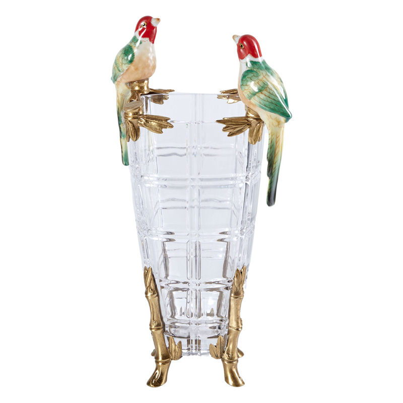 Ваза из прозрачного стекла с бронзовыми ножками и фигурками попугаев Eden Garden porcelain and bronze Прозрачное Стекло Бронза Мульти Ваза из прозрачного стекла с бронзовыми ножками и фигурками попугаев Eden Garden porcelain and bronze Прозрачное Стекло Бронза Мульти в Ижевске | Loft Concept