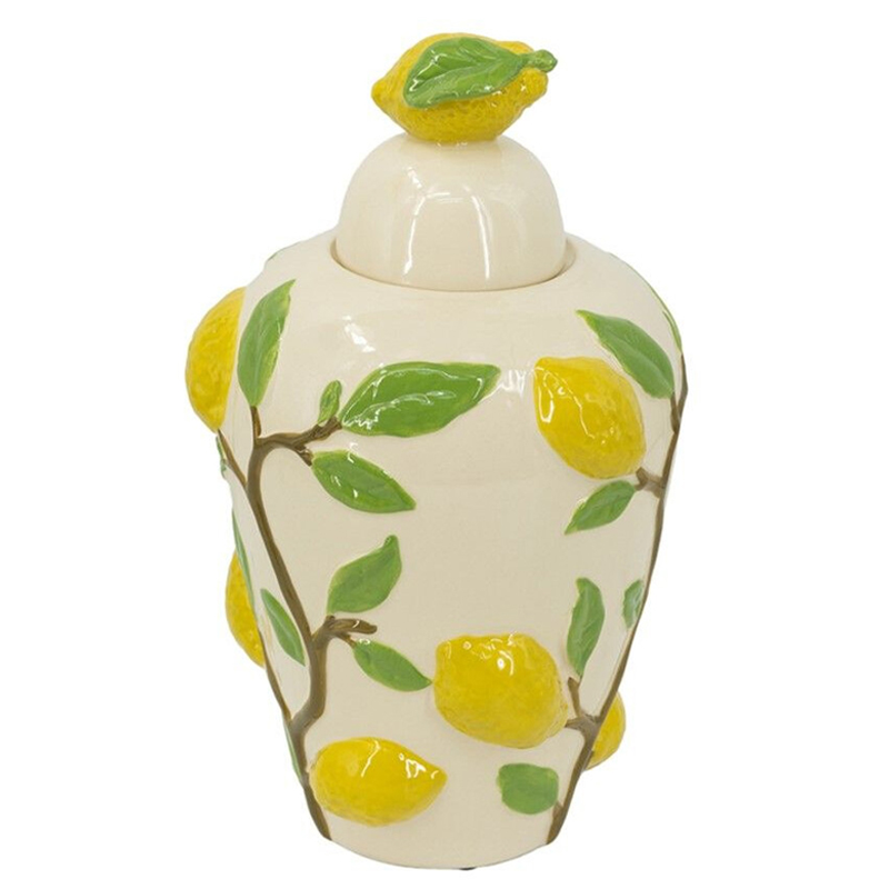 Ваза с крышкой кремового цвета и объемным рисунком лимонов и листьев Lemon Delight Кремовый Желтый Коричневый Зеленый Ваза с крышкой кремового цвета и объемным рисунком лимонов и листьев Lemon Delight Кремовый Желтый Коричневый Зеленый в Ижевске | Loft Concept