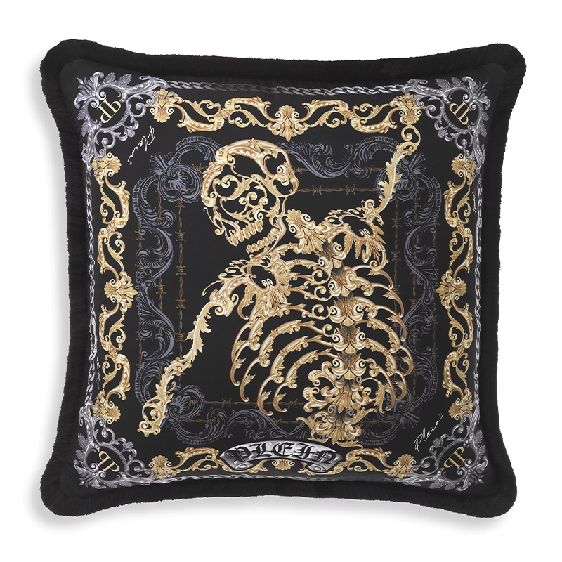 Подушка Philipp Plein Cushion Silk Skeleton 50 x 50 cm Черный Серый Золотой в Ижевске | Loft Concept 