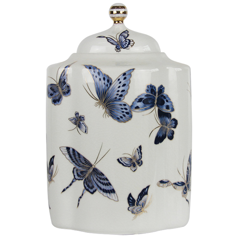 Ваза с крышкой Porcelain Butterfly Blue and Gold Vase Белый Синий Золотой в Ижевске | Loft Concept 