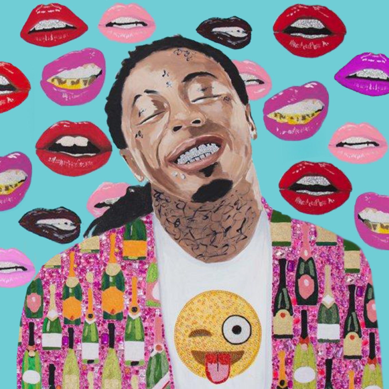 Картина “Lil Wayne with Champagne Jacket, Emoji Shirt, and Lips Background”