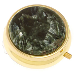 Таблетница карманная круглая с 3-мя отделениями и накладкой из натурального камня Серафинит Gold Stone Pillboxes варинант исполнения - 1 | Loft Concept в Ижевске