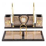 Настольный письменный набор из бежевого мрамора с часами и гербом Marble Accessory варинант исполнения - 1 | Loft Concept в Ижевске