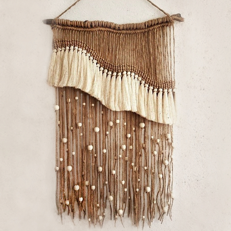 Дизайнерское Панно Дюна Макраме из нитей и бусин Wall Panel Dune Светло-бежевый Коричневый в Ижевске | Loft Concept 
