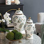 Ваза белая с крышкой с рисунком зеленых и золотых листьев 48 см Chinoiserie Ceramics варинант исполнения - 4 | Loft Concept в Ижевске