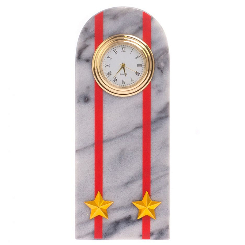 Часы погон МВД подарочные настольные из натурального камня Мрамор Military Clock Белый Мрамор Bianco Красный Золотой в Ижевске | Loft Concept 