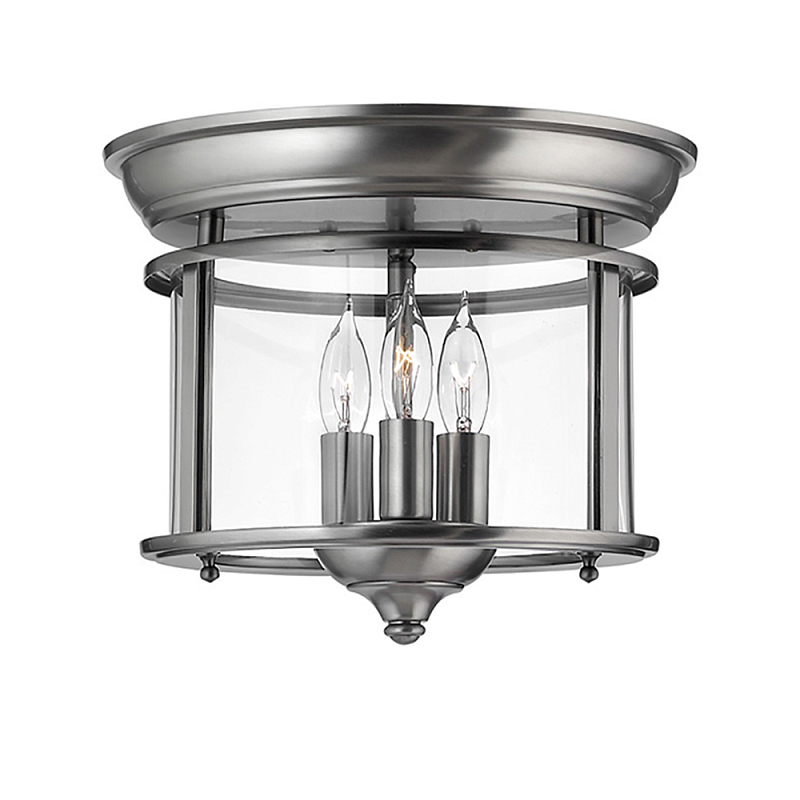 Потолочный светильник в форме фонаря с прозрачным цилиндрическим плафоном и тремя лампами в форме свечей Hinkley Латунь Прозрачное Стекло Олово в Ижевске | Loft Concept 