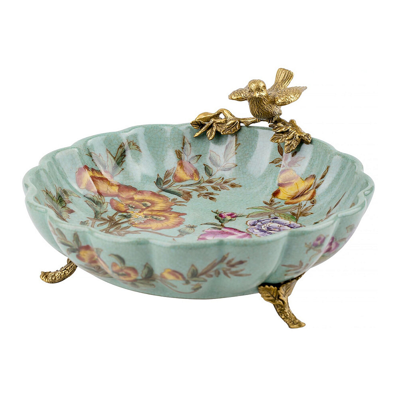 Блюдо из голубого фарфора с бронзовой птичкой Blue Garden Голубой Бронза Мульти в Ижевске | Loft Concept 