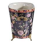 Кашпо из фарфора черная с цветочной росписью и бронзовой стрекозой Spring Garden варинант исполнения - 2 | Loft Concept в Ижевске