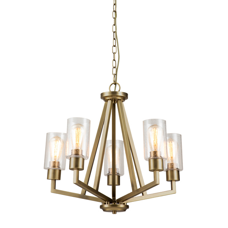 Люстра цвета латунь с 5-ю цилиндрическими плафонами из прозрачного пузырчатого стекла Kichler Латунь Прозрачное Стекло в Ижевске | Loft Concept 