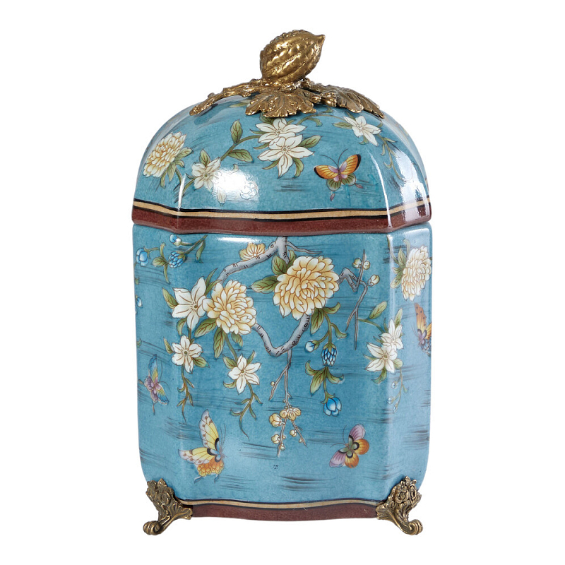 Ваза голубая с крышкой и цветочным узором Genuine Chinese Classics Голубой Мульти Бронза в Ижевске | Loft Concept 