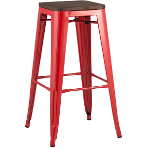Барный Стул без Спинки Красный Металл  Деревянное Сидение