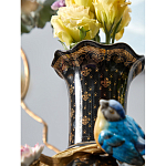 Ваза черная фарфоровая с  узором и бронзовым декором в виде веток с фарфоровой птичкой и цветами Eden Garden варинант исполнения - 4 | Loft Concept в Ижевске