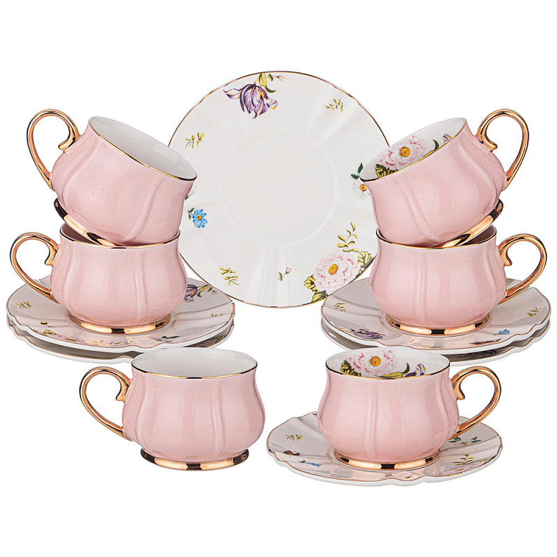 Чайный набор из фарфора на 6 персон 12 предметов Tea Porcelain Set Белый Золотой Розовый в Ижевске | Loft Concept 