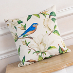 Декоративная подушка бежевая с изображением птица в саду Blooming Blue Birds варинант исполнения - 2 | Loft Concept в Ижевске