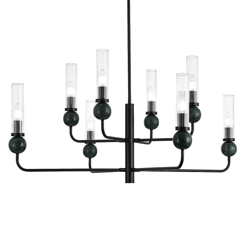 Люстра с 8-ю плафонами в форме стеклянных трубок и мраморных декоративных элементов Montreal Белый Черный Прозрачный Латунь в Ижевске | Loft Concept 