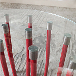 Дизайнерский журнальный стол с круглой прозрачной столешницей и основанием в виде красных металлических тросов Wires варинант исполнения - 5 | Loft Concept в Ижевске