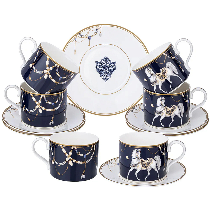 Чайный набор из фарфора с изображением лошадей на 6 персон 12 предметов Porcelain Horse Set Белый Синий в Ижевске | Loft Concept 