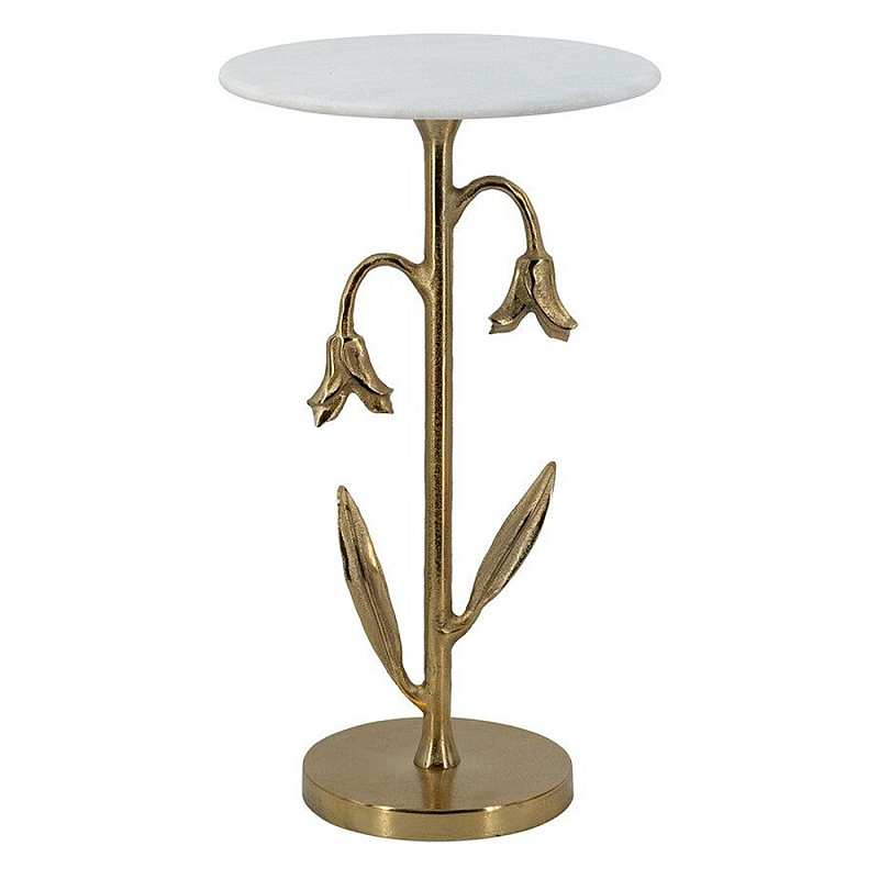 Столик с золотистым основанием в виде цветка и круглой мраморной столешницей Golden Snowdrop Золотой Белый в Ижевске | Loft Concept 