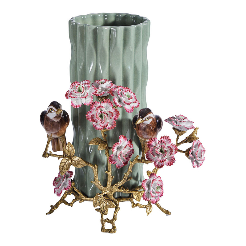 Ваза с птицами и цветами из фарфора с бронзовыми элементами Garden of Eden Бронза Мульти Зеленый в Ижевске | Loft Concept 