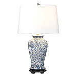 Настольная лампа с керамическим основанием в белом цвете с синим цветочным орнаментом на темной деревянной подставке и тканевым абажуром Elstead Lighting варинант исполнения - 1 | Loft Concept в Ижевске