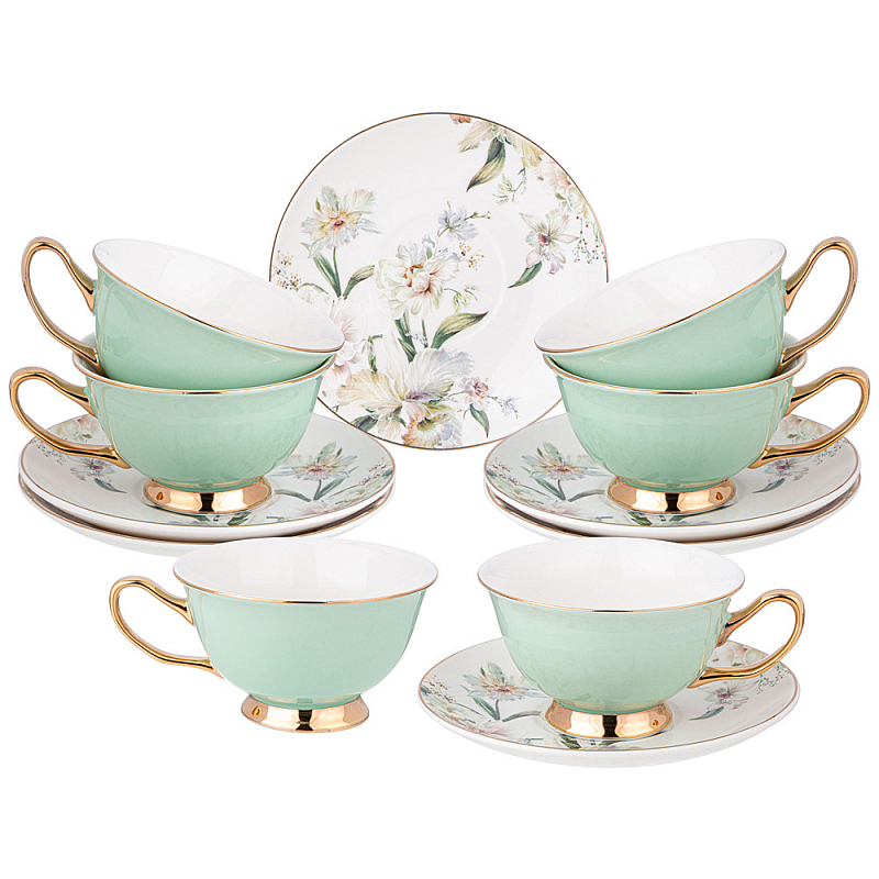 Чайный набор из фарфора на 6 персон Tea Porcelain Set Белый Золотой Зеленый в Ижевске | Loft Concept 