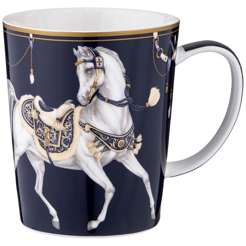 Кружка из фарфора синяя с изображением лошади 400 мл Porcelain Horse Set Белый Синий Золотой в Ижевске | Loft Concept 