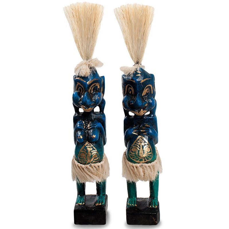 Комплект из 2-х деревянных статуэток Asmat Straw Headdress Statuettes Blue Tattoo Синий Бирюзовый Бежевый Золотой Мульти Комплект из 2-х деревянных статуэток Asmat Straw Headdress Statuettes Blue Tattoo Синий Бирюзовый Бежевый Золотой Мульти в Ижевске | Loft Concept