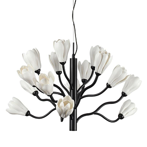 Люстра подвесная черного цвета с ветвями и белыми фарфоровыми цветами Floralis