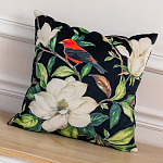 Декоративная подушка чёрная с изображением птицы в саду Blooming Red Birds варинант исполнения - 2 | Loft Concept в Ижевске