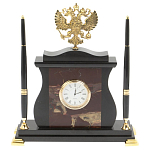 Часы настольные с Гербом России и 2-мя шариковыми ручками в комплекте Stone Clock варинант исполнения - 5 | Loft Concept в Ижевске