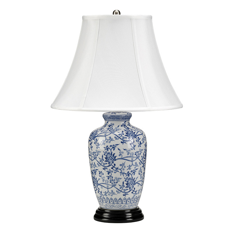 Настольная лампа с фарфоровым основанием с декоративным орнаментом и белым абажуром на темной круглой подставке Elstead Lighting Белый Синий Никель Черный Золотой Серебряный в Ижевске | Loft Concept 