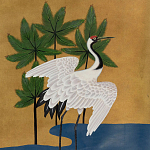 Обои ручная роспись Tsuro Cranes Original colourway on Gold Bullion gilded silk варинант исполнения - 1 | Loft Concept в Ижевске