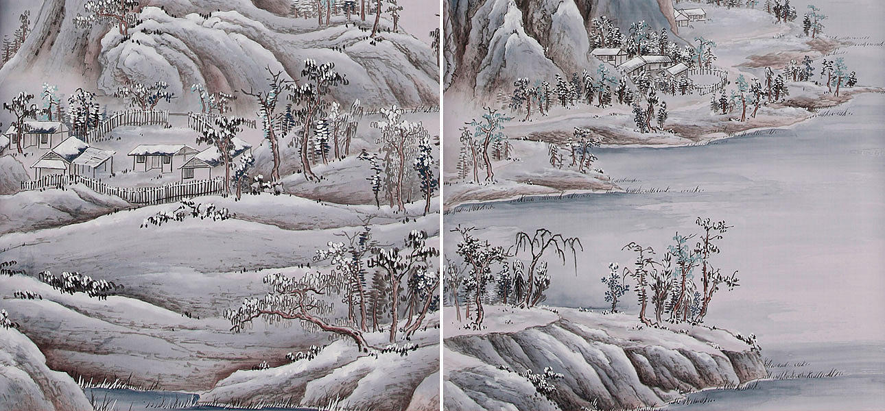 Обои ручная роспись A Thousand Li of Rivers and Mountains Special Colourway on Lilac Hint dyed silk Обои ручная роспись A Thousand Li of Rivers and Mountains Special Colourway on Lilac Hint dyed silk - Loft-Concept в Ижевске