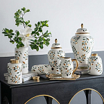Ваза белая с крышкой с рисунком зеленых и золотых листьев 48 см Chinoiserie Ceramics варинант исполнения - 5 | Loft Concept в Ижевске