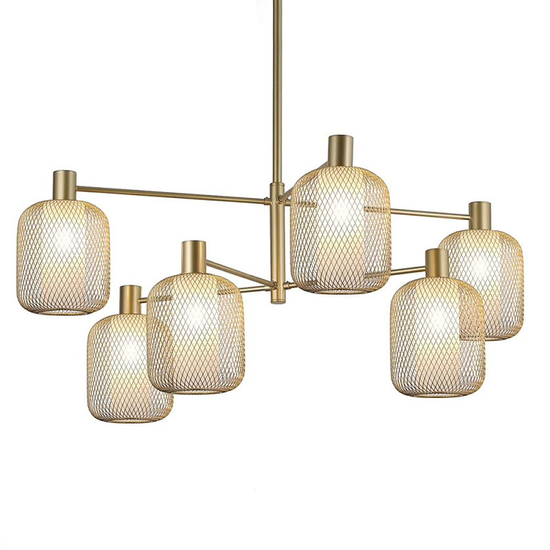 Люстра потолочная с абажурами из металлической сетки Loft Grid Pendant Gold Черный Золотой в Ижевске | Loft Concept 