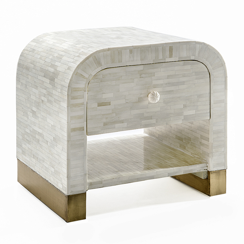 Тумбочка прикроватная с ящиком Tofino White Bone Inlay  Bedside Cabinet   ivory ( слоновая кость ) в Ижевске | Loft Concept 