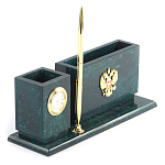 Настольный письменный набор с гербом России и часами из природного камня змеевик Successful Leader варинант исполнения - 2 | Loft Concept в Ижевске