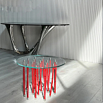 Дизайнерский журнальный стол с круглой прозрачной столешницей и основанием в виде красных металлических тросов Wires варинант исполнения - 2 | Loft Concept в Ижевске