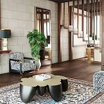 Дизайнерский журнальный стол округлой формы чёрный с золотой столешницей Fufem варинант исполнения - 3 | Loft Concept в Ижевске