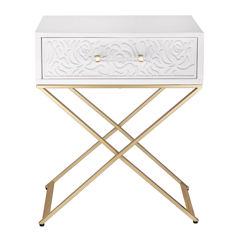 Приставной столик с выдвижным ящиком  White Table Carved Pattern Белый Золотой в Ижевске | Loft Concept 