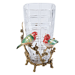 Ваза стеклянная прозрачная с бронзовым основанием в виде ветвей и фарфоровыми птичками Eden Garden варинант исполнения - 1 | Loft Concept в Ижевске